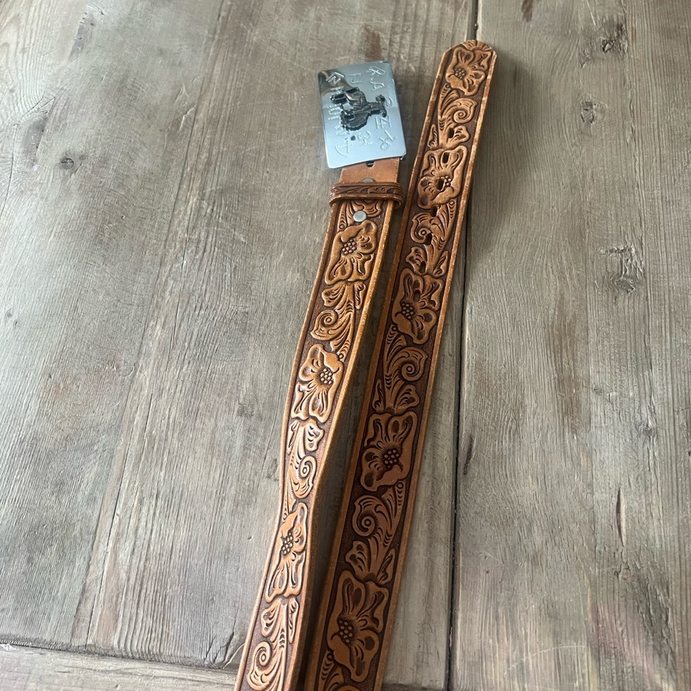 Verkamp’s western Floral Embossed Tan Leather Belt with Silver Buckle - Picture 8 of 15